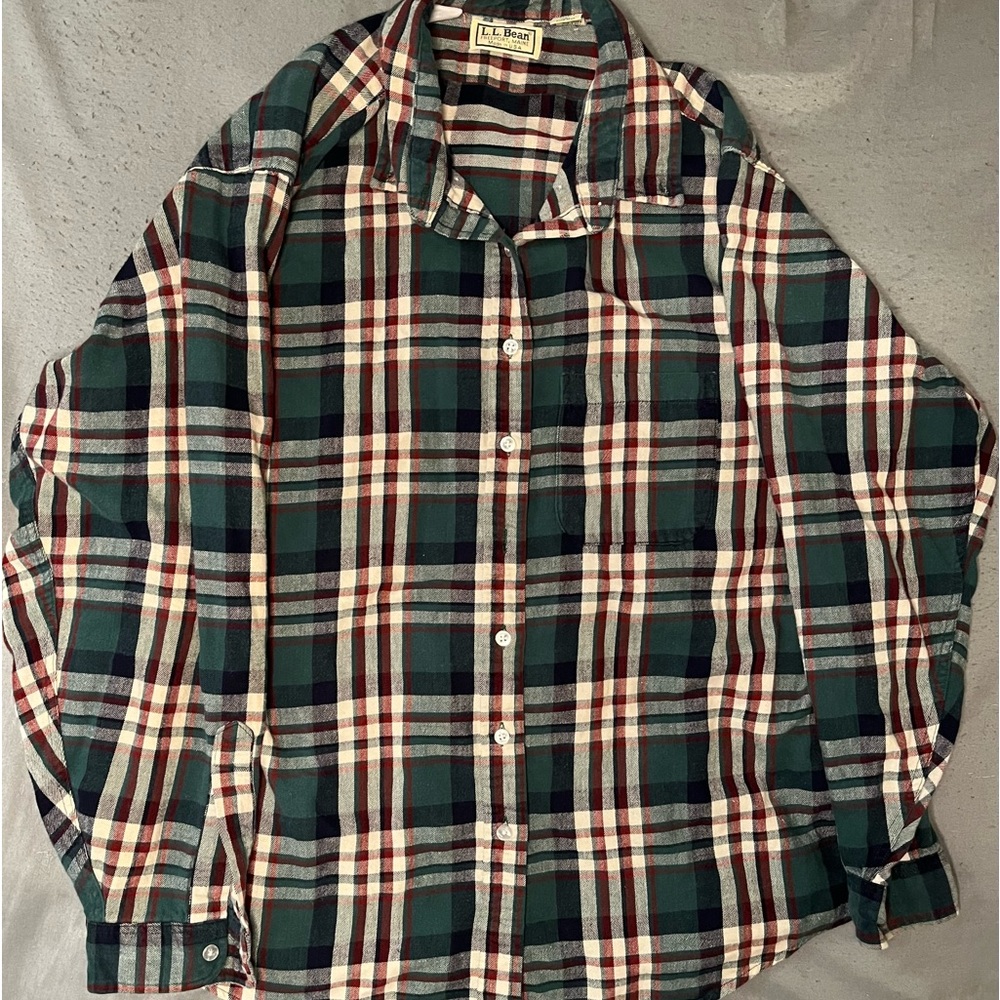 L.L. Bean Green, Red, and White Flannel Button Up